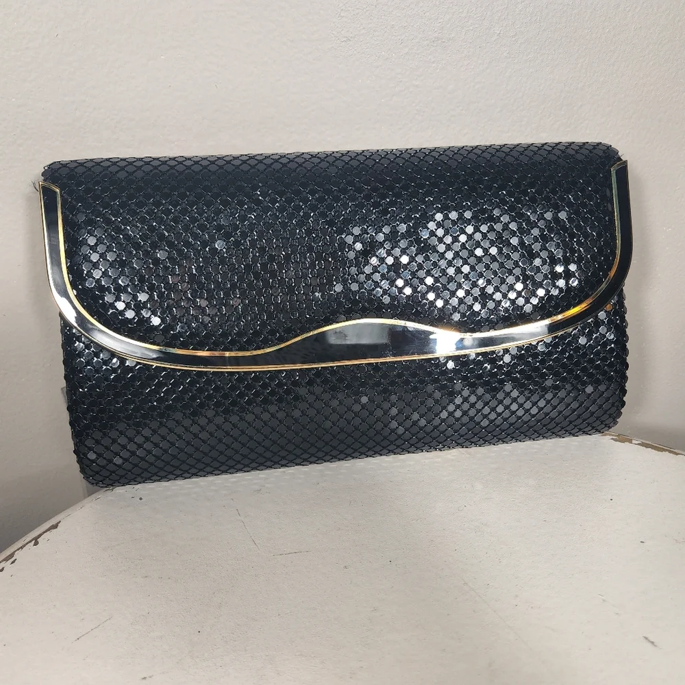 Another Y & S NWT Vintage Original Metallic Sequin Evening Purse Bag Black Gold